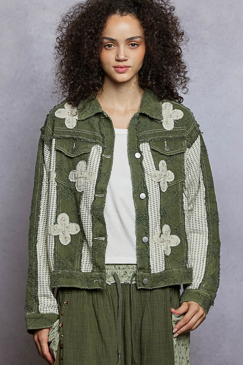 Textured Twill and Floral Patch Jacket