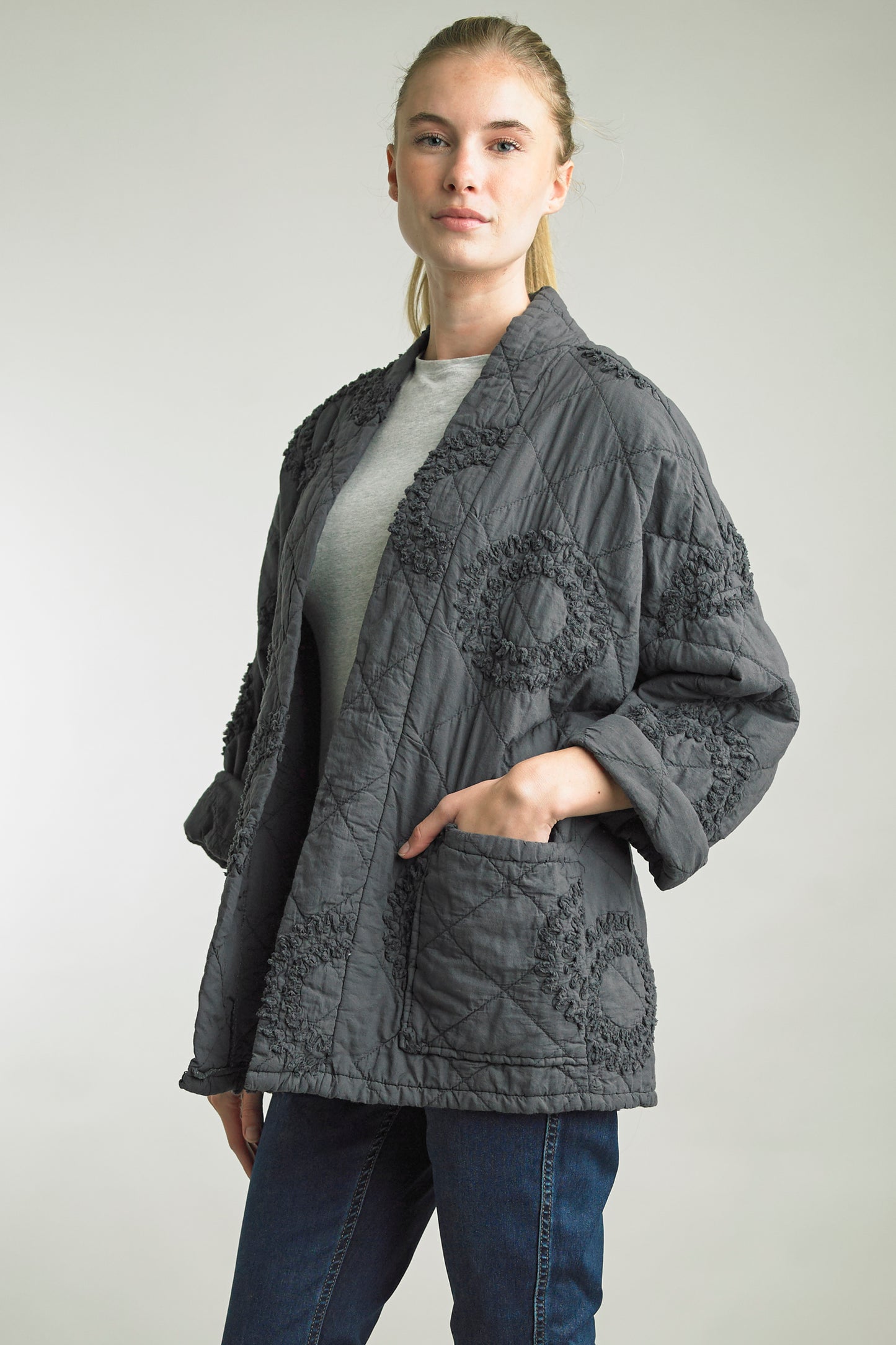 Quilted Jacket with Embroidered Embellishment in Gray