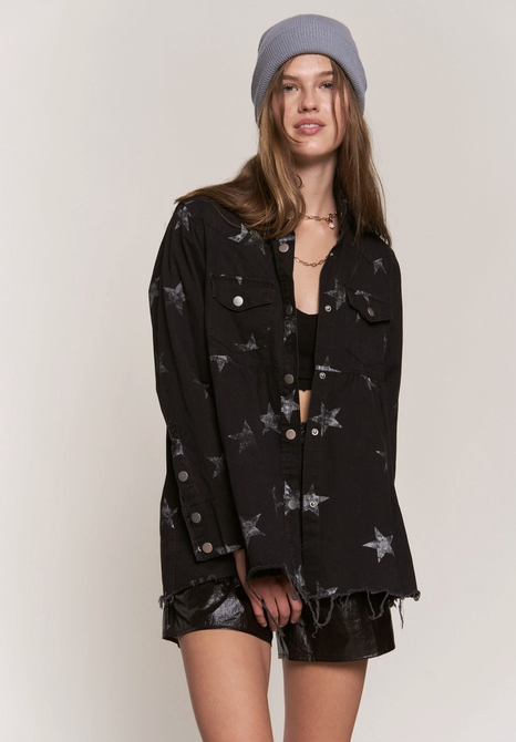 Star Print Waist Shirring Jean Jacket