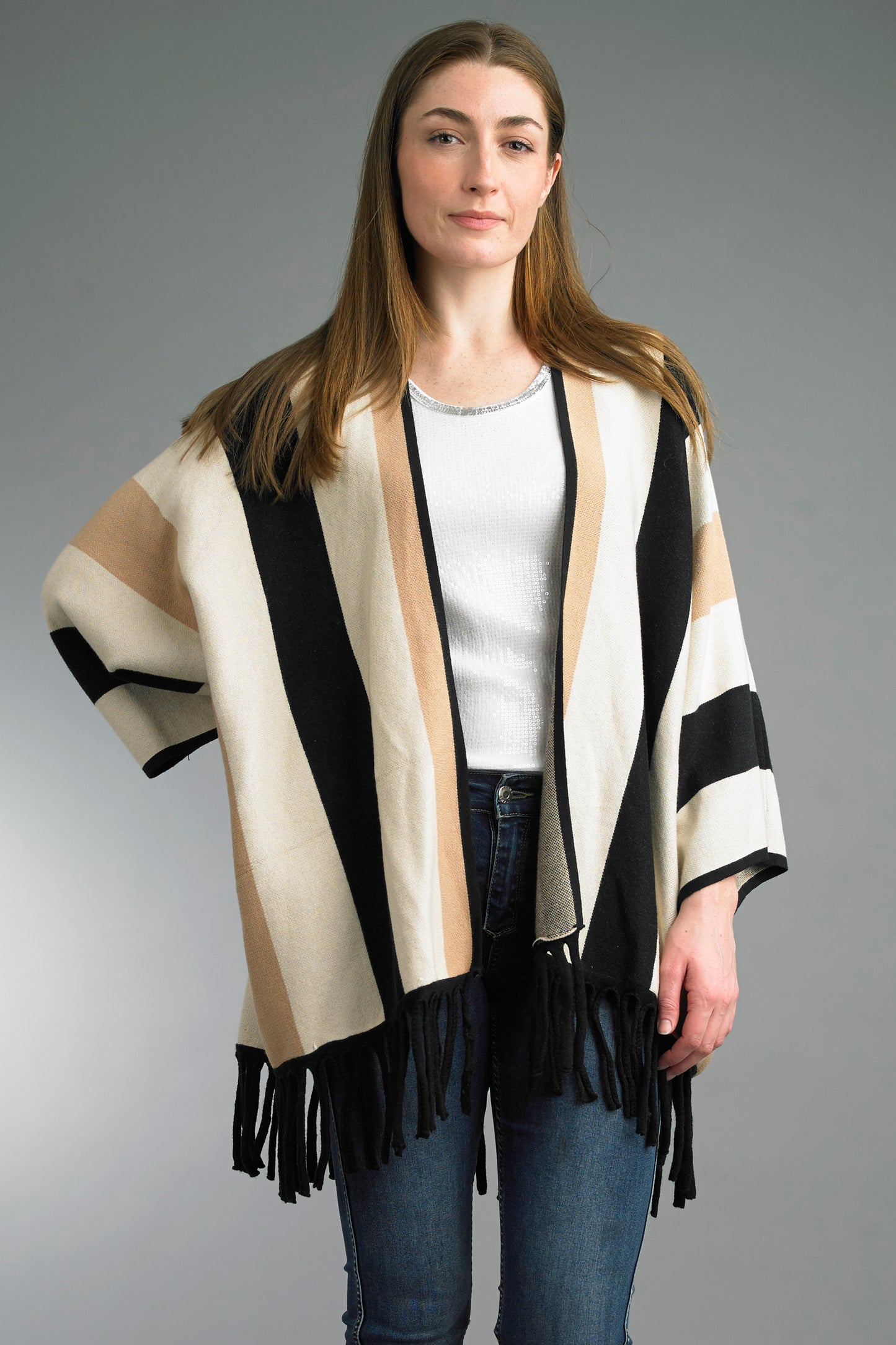 Striped Cardigan Sweater with Fringe