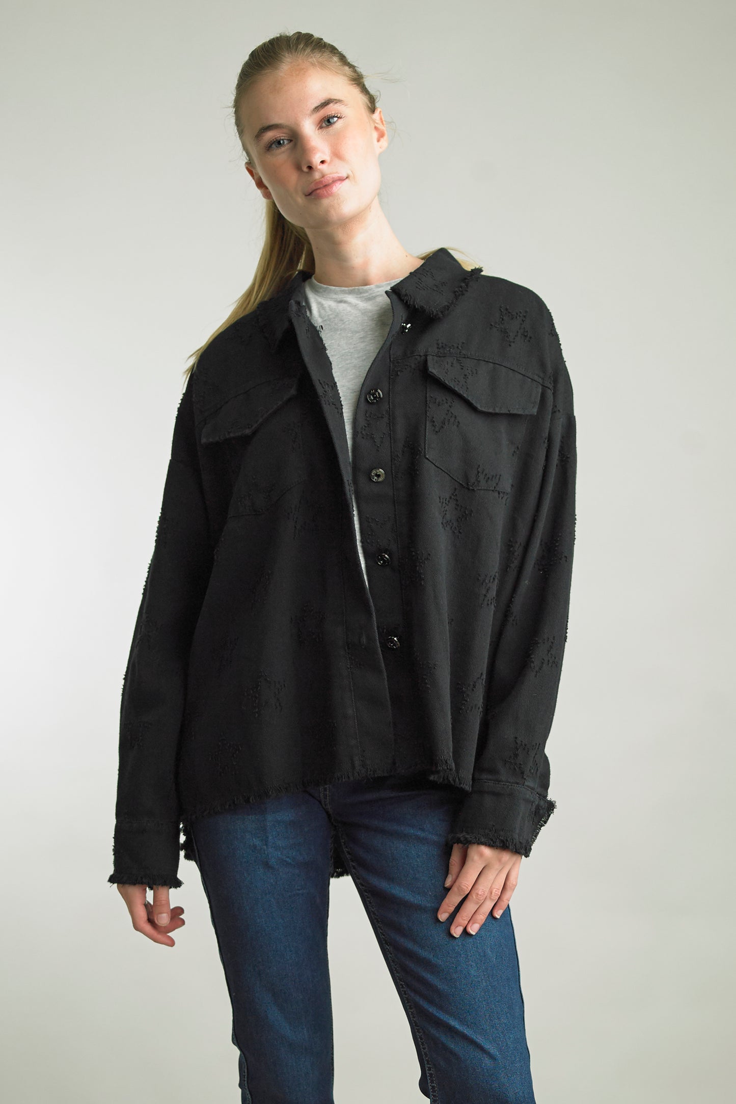 Fringe and Stars Black Denim Shirt Style Jacket