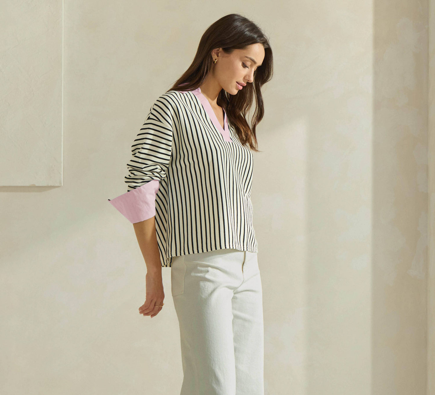 Striped Top with Contrast Neck & Cuffs
