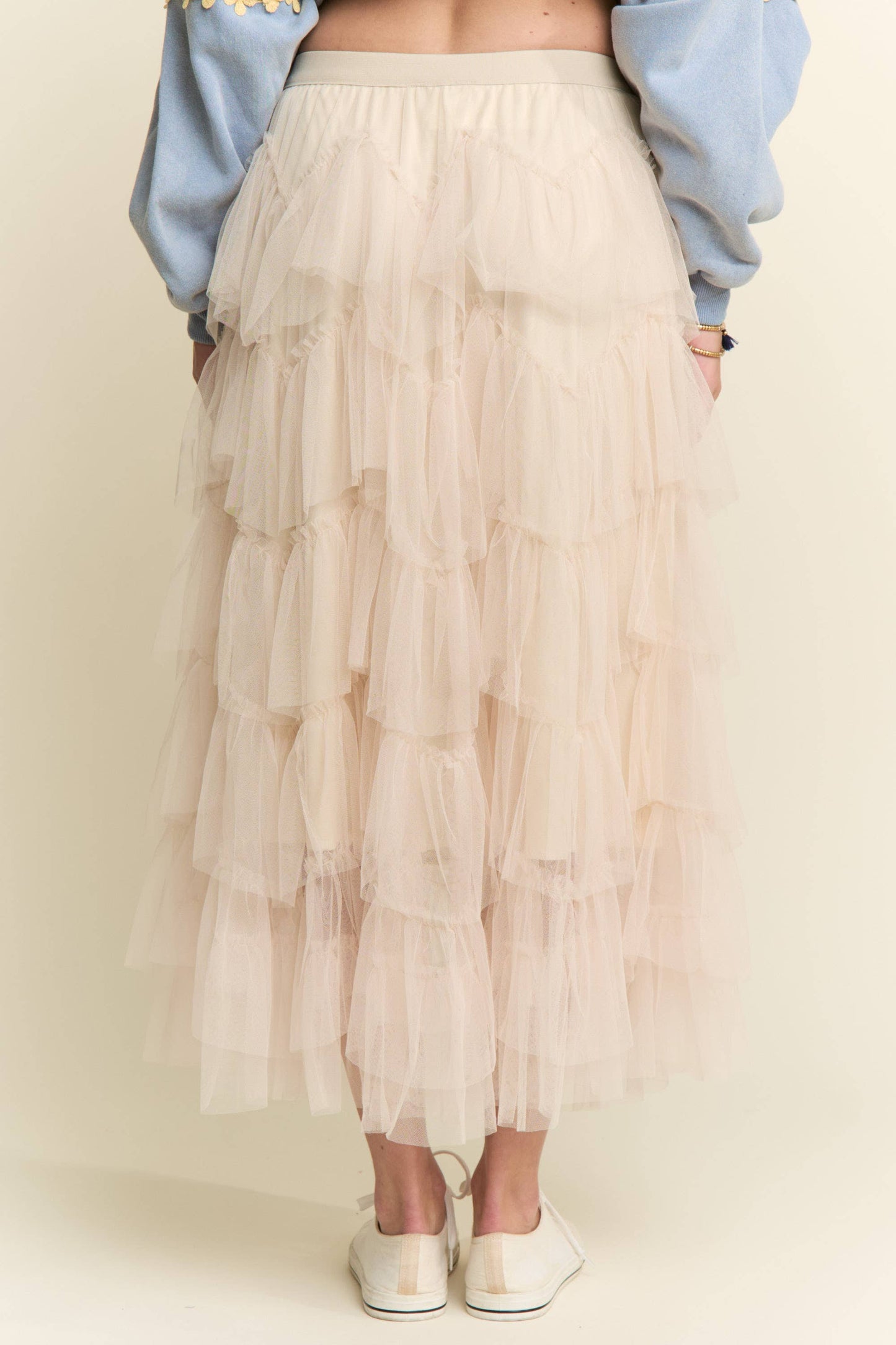 Tiered Ruffle Mesh Lined Maxi Skirt