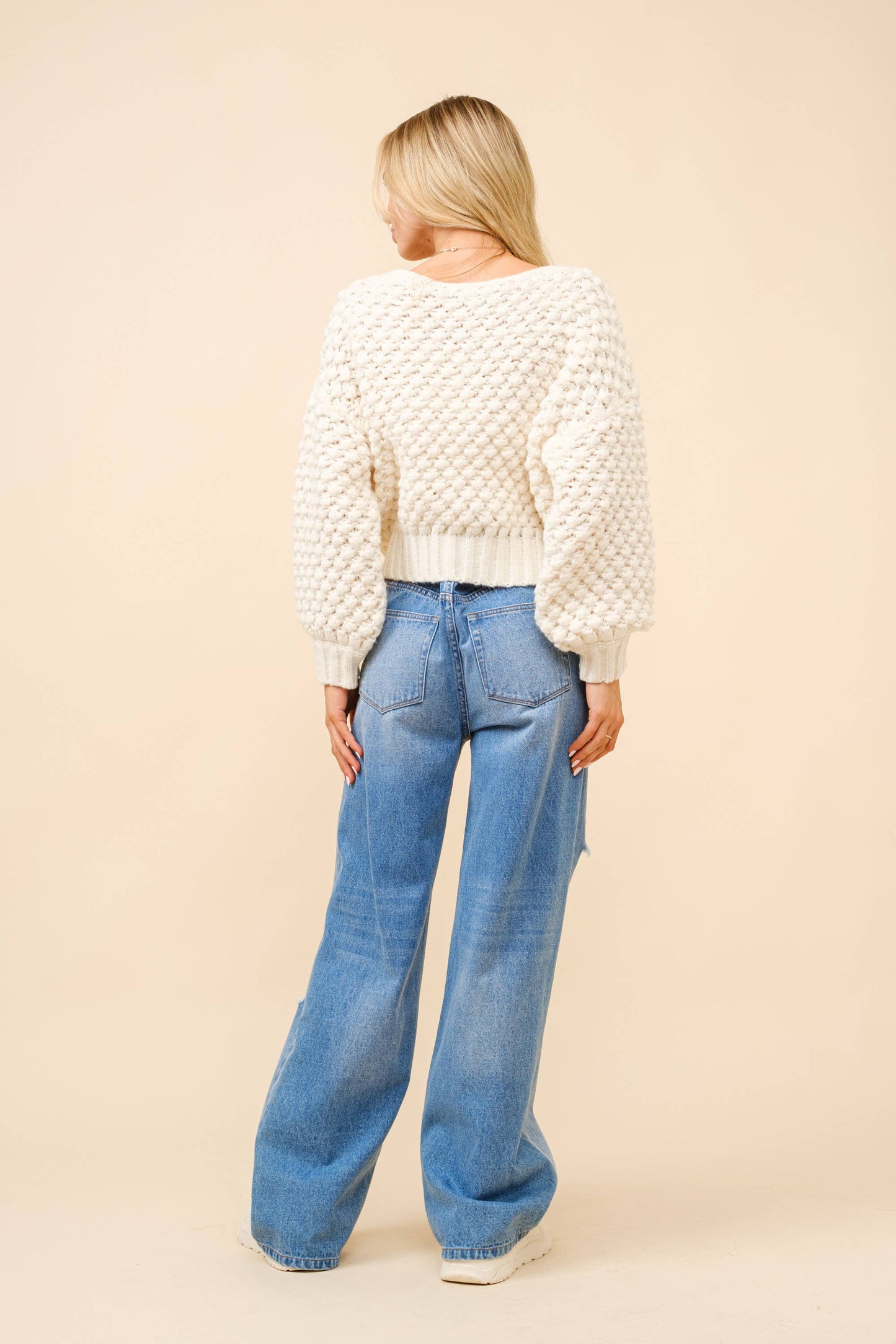 Bubble Textured Crew Neck Pullover Sweater