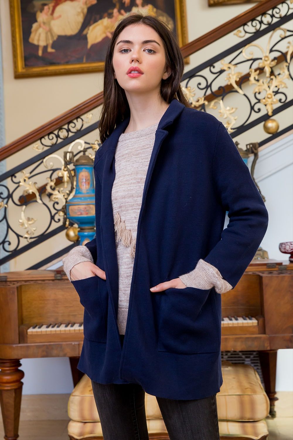 3/4 Sleeve Navy Sweater Blazer