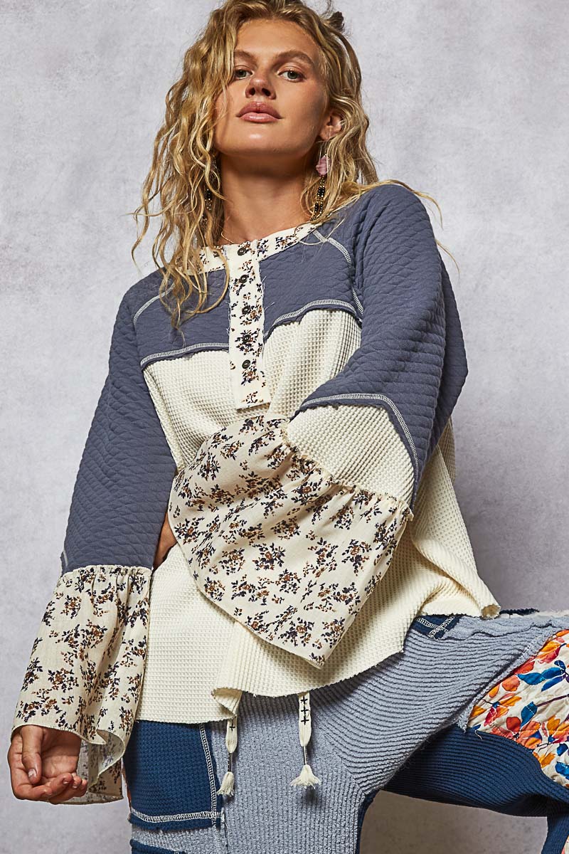 Patchwork Ruffle Sleeve Top