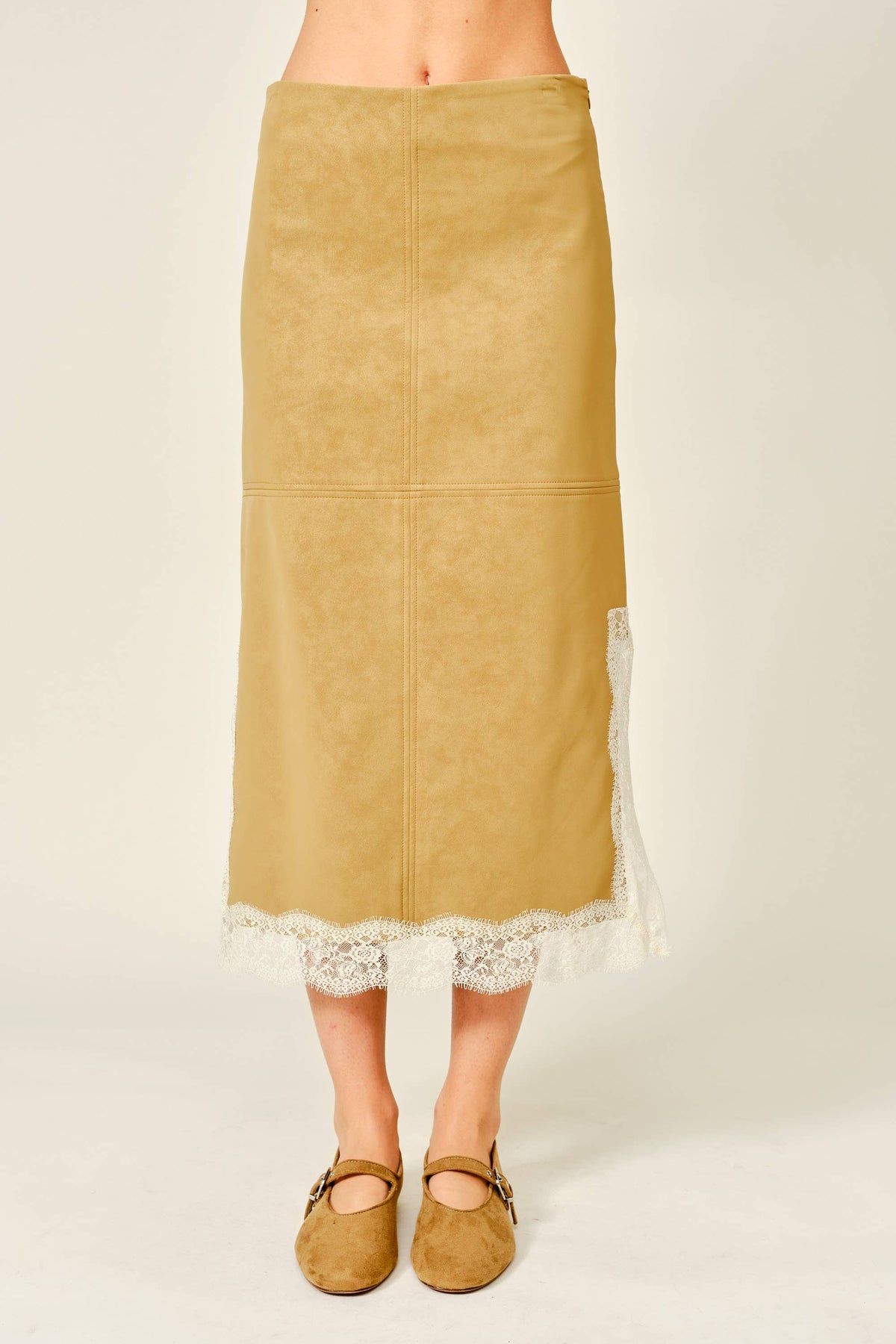 VEGAN LEATHER LACE HEM MIDI SKIRT