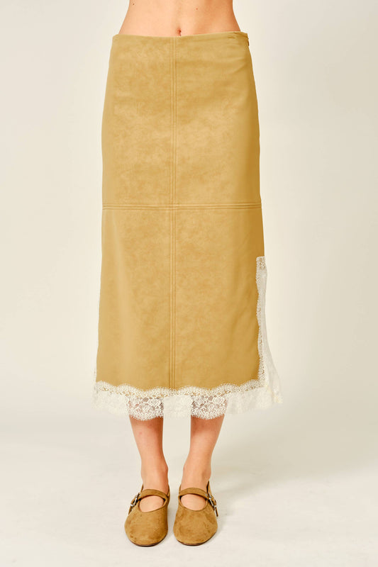 VEGAN LEATHER LACE HEM MIDI SKIRT