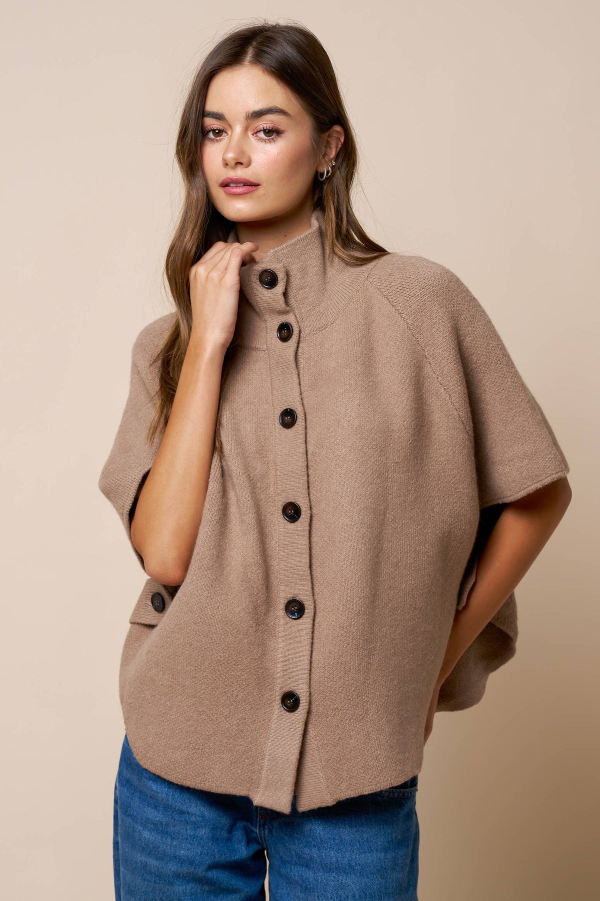 Mock Neck Button Down Knit Poncho