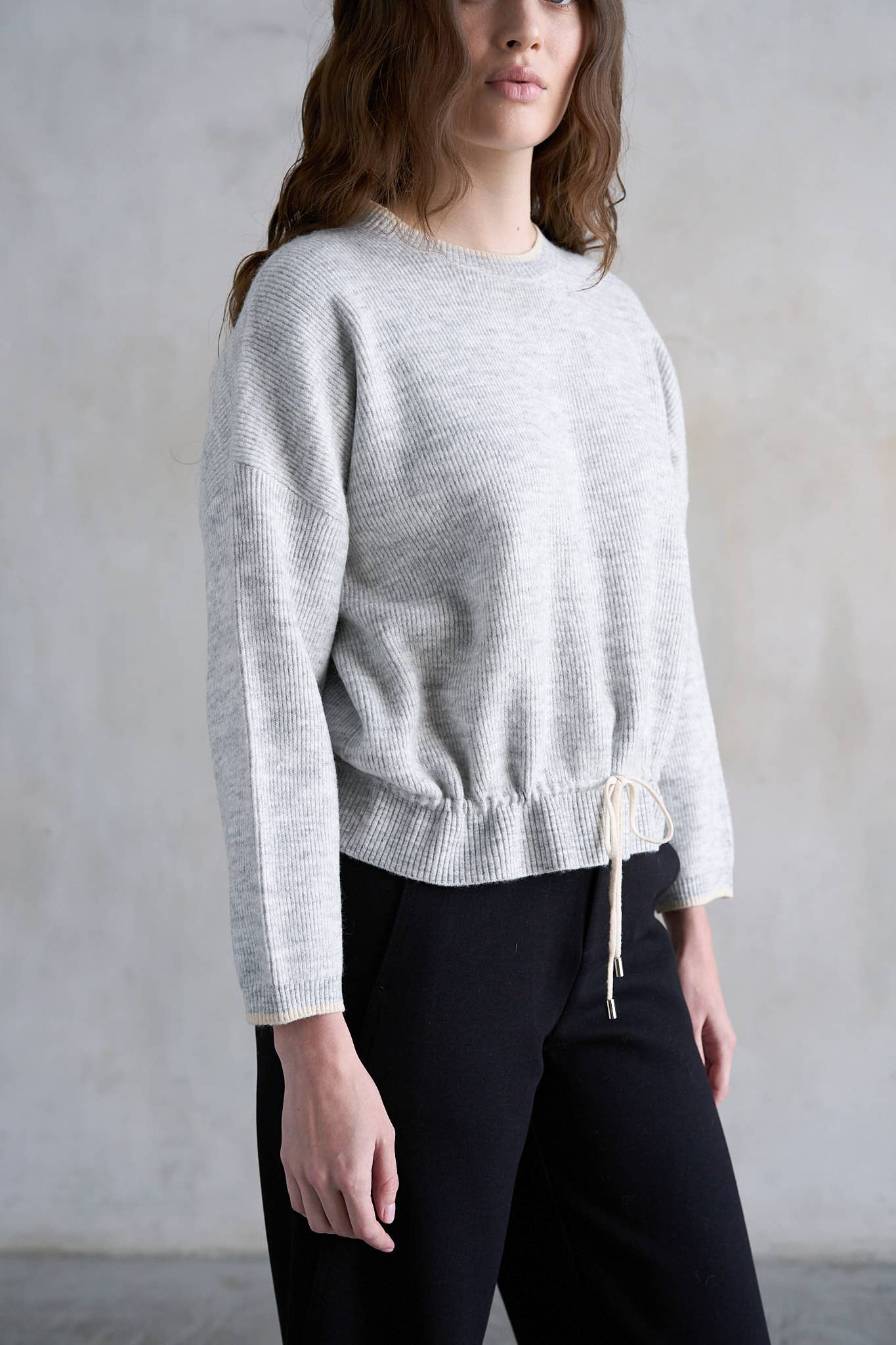 Ribbed Knit Sweater with Drawstring Hem