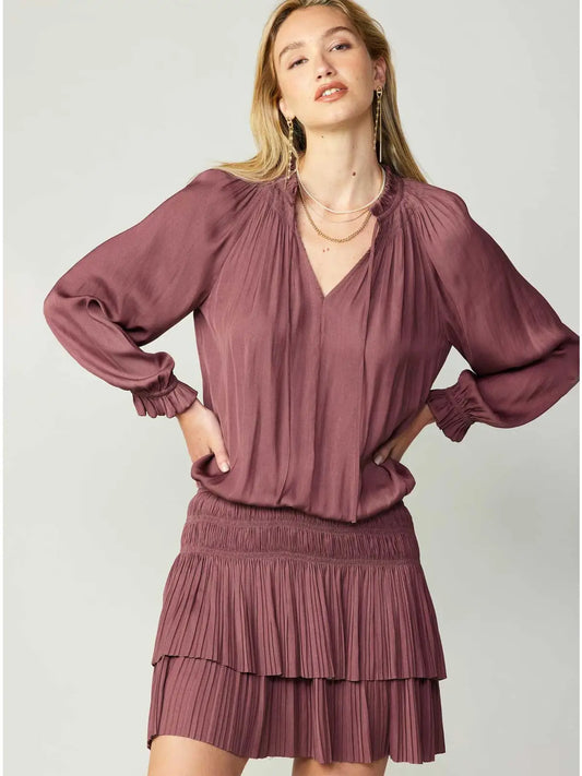 Pleated Long-Sleeve Mini Dress