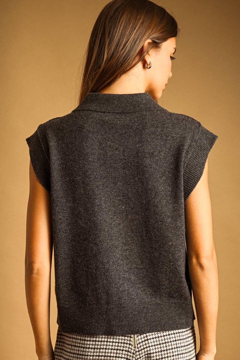 Collared Polo Sweater Top with Capped Sleeve