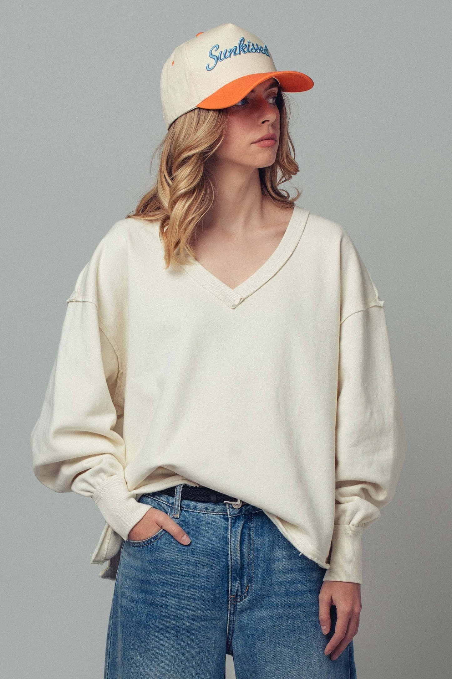 Raw Edge V-Neck Oversized Sweatshirt