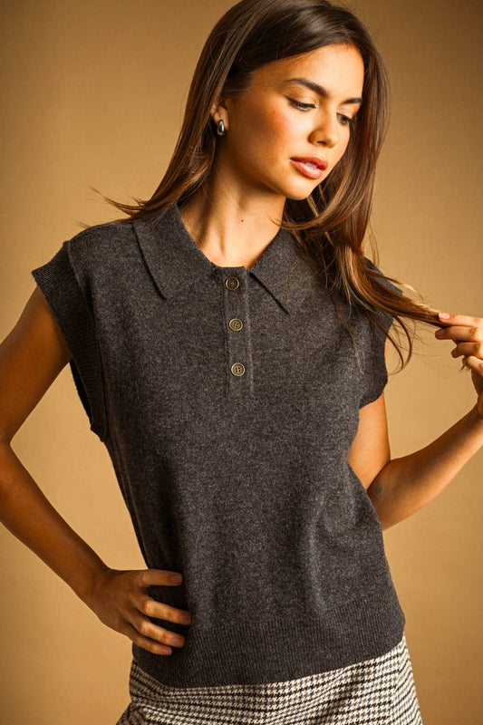 Collared Polo Sweater Top with Capped Sleeve