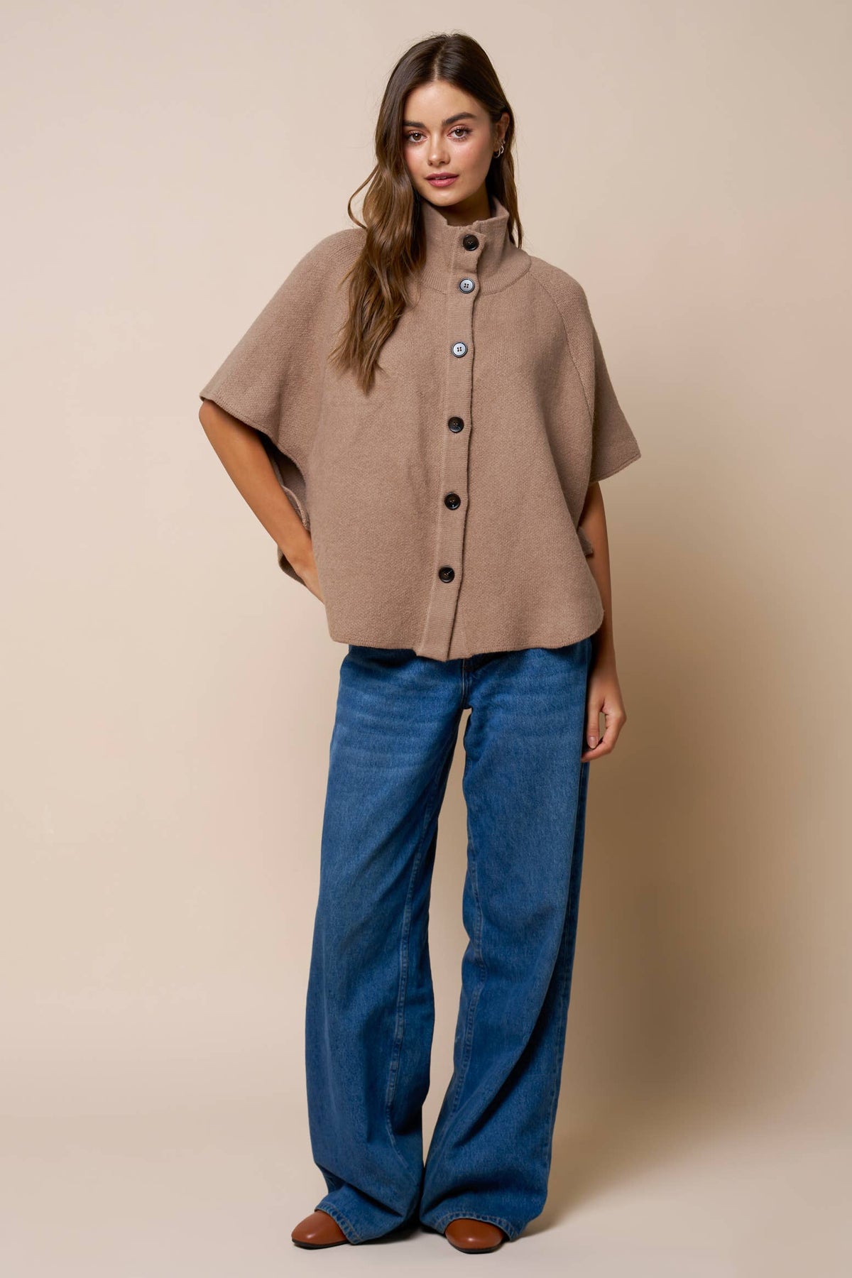 Mock Neck Button Down Knit Poncho