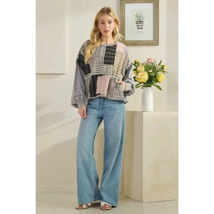 Washed Mixed Media Patchwork Long Sleeve Top