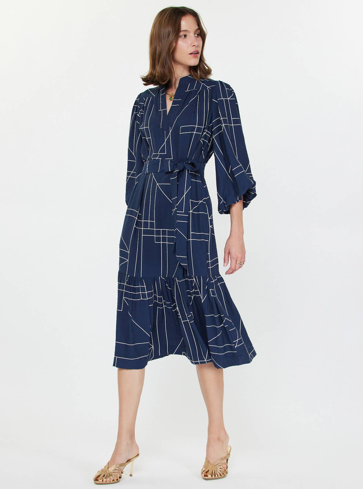 Geometric Printed Puff-sleeve Midi Dress