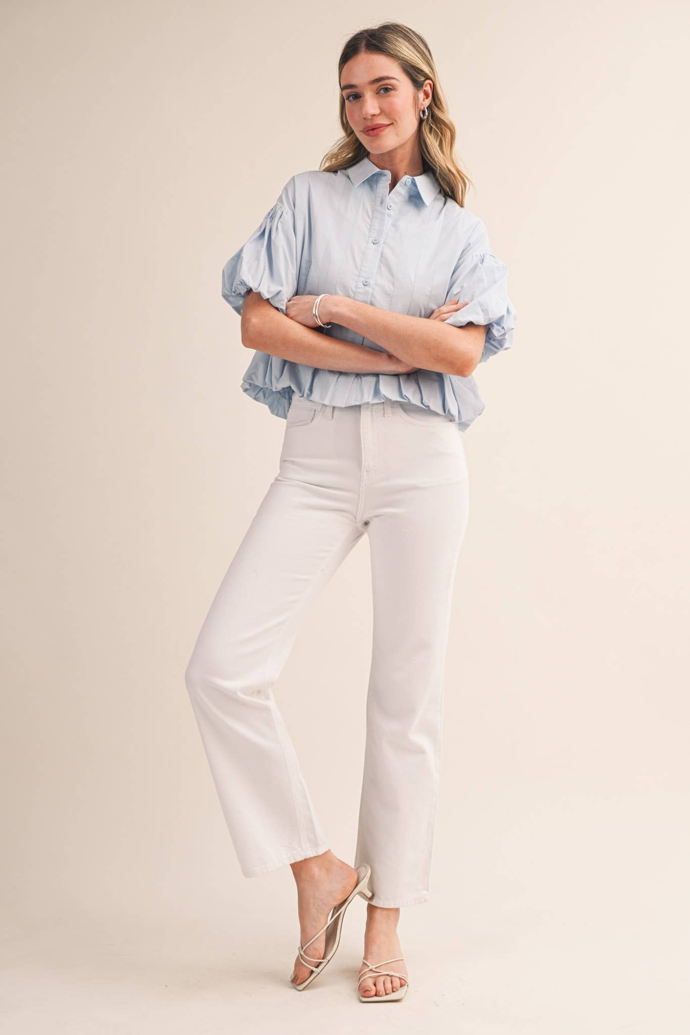 PLEATED BUBBLE HEM BUTTON DOWN TOP