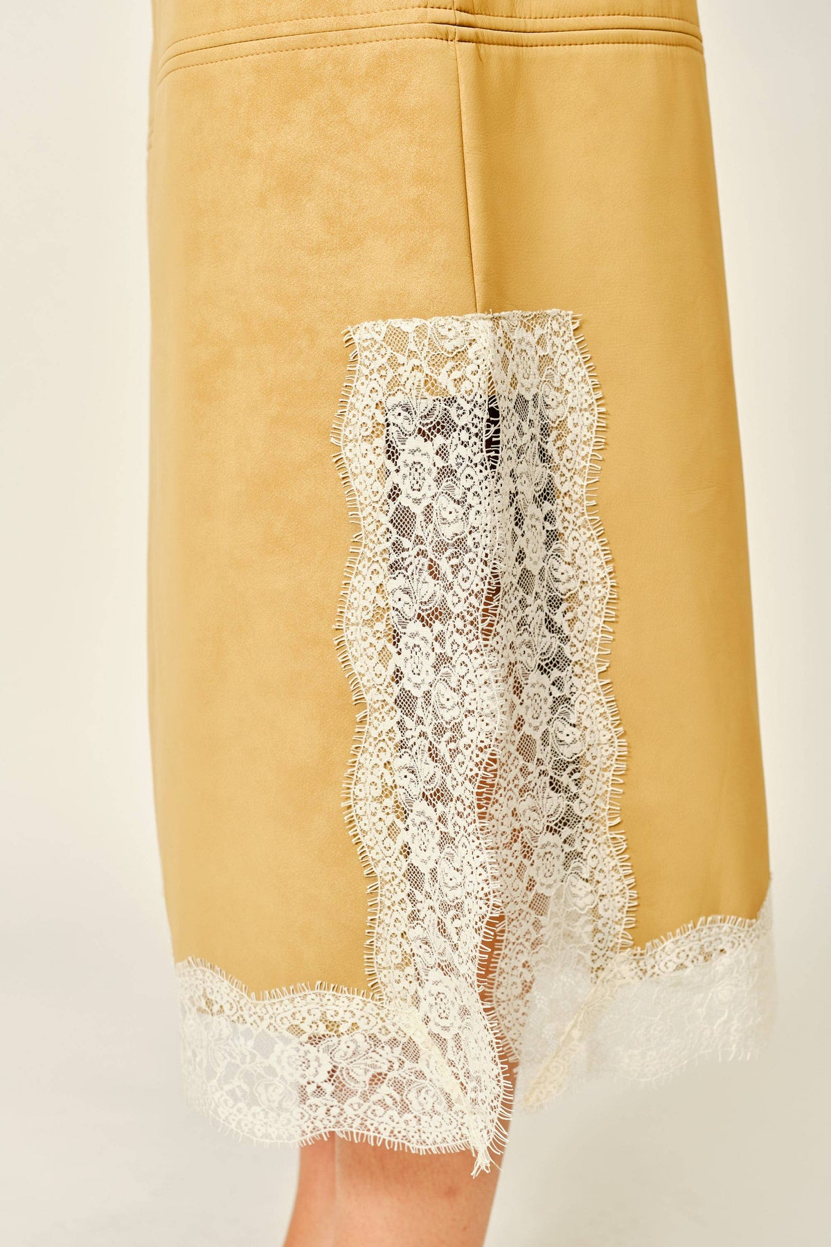 VEGAN LEATHER LACE HEM MIDI SKIRT