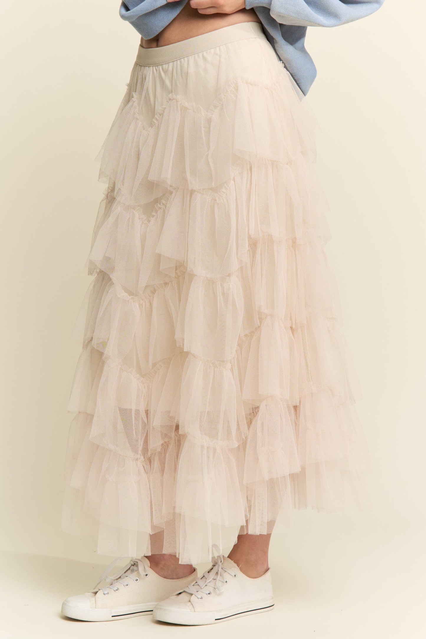 Tiered Ruffle Mesh Lined Maxi Skirt