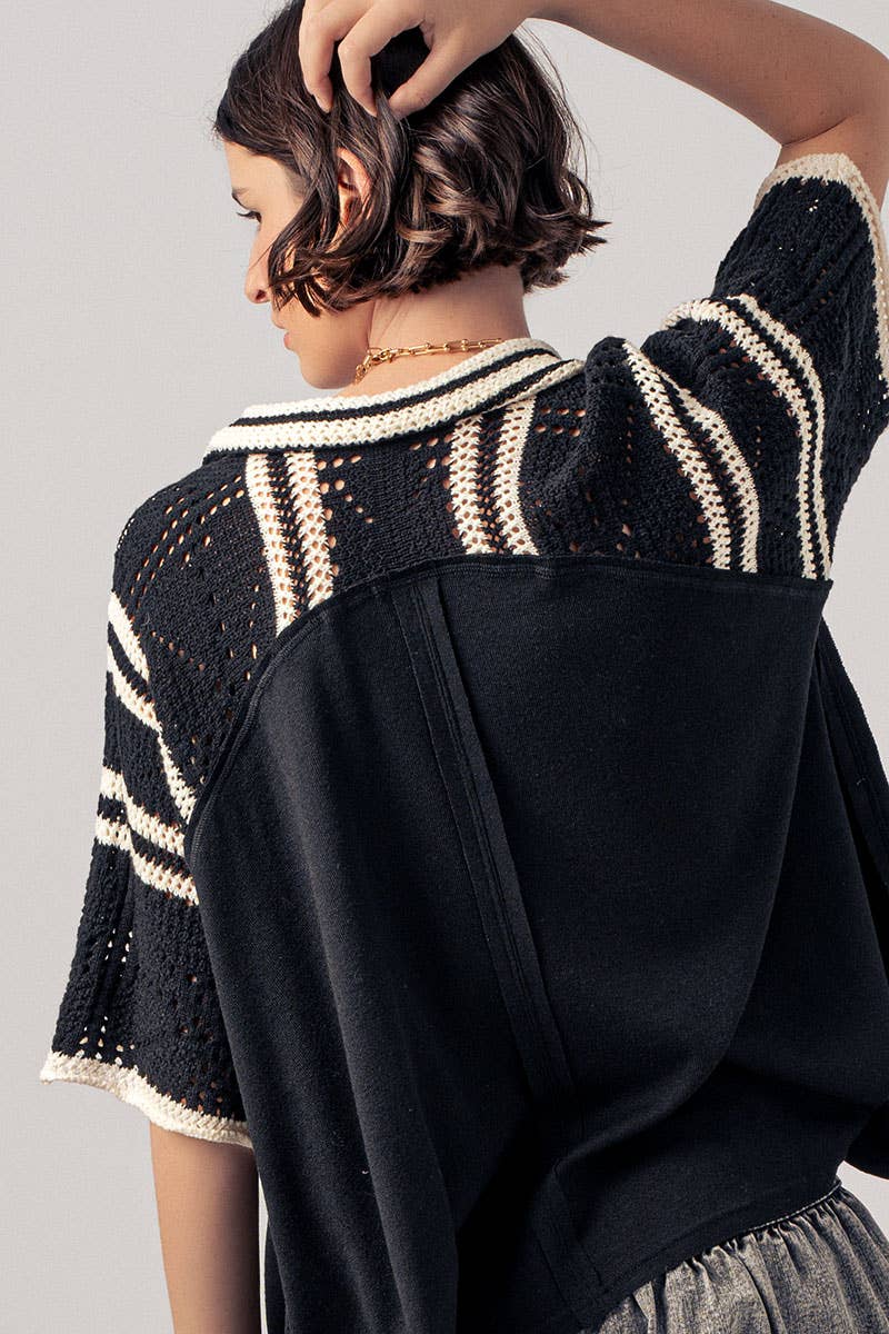 Crochet Lace Button-Down Shirt with Contrast Trim Detail