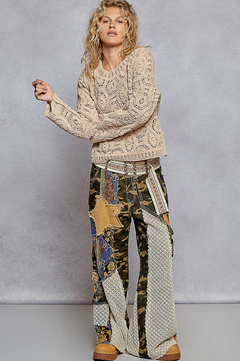 Round Neck Open Knit Crochet Sweater