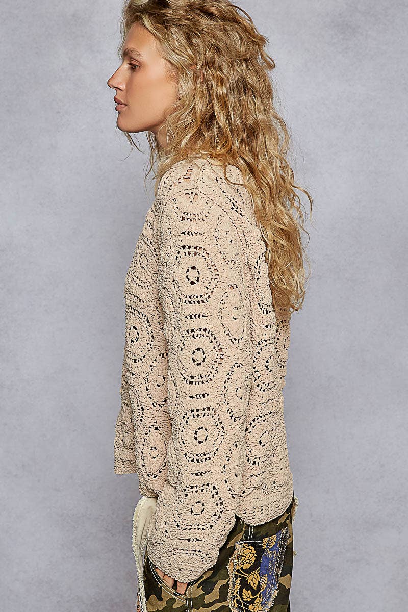 Round Neck Open Knit Crochet Sweater