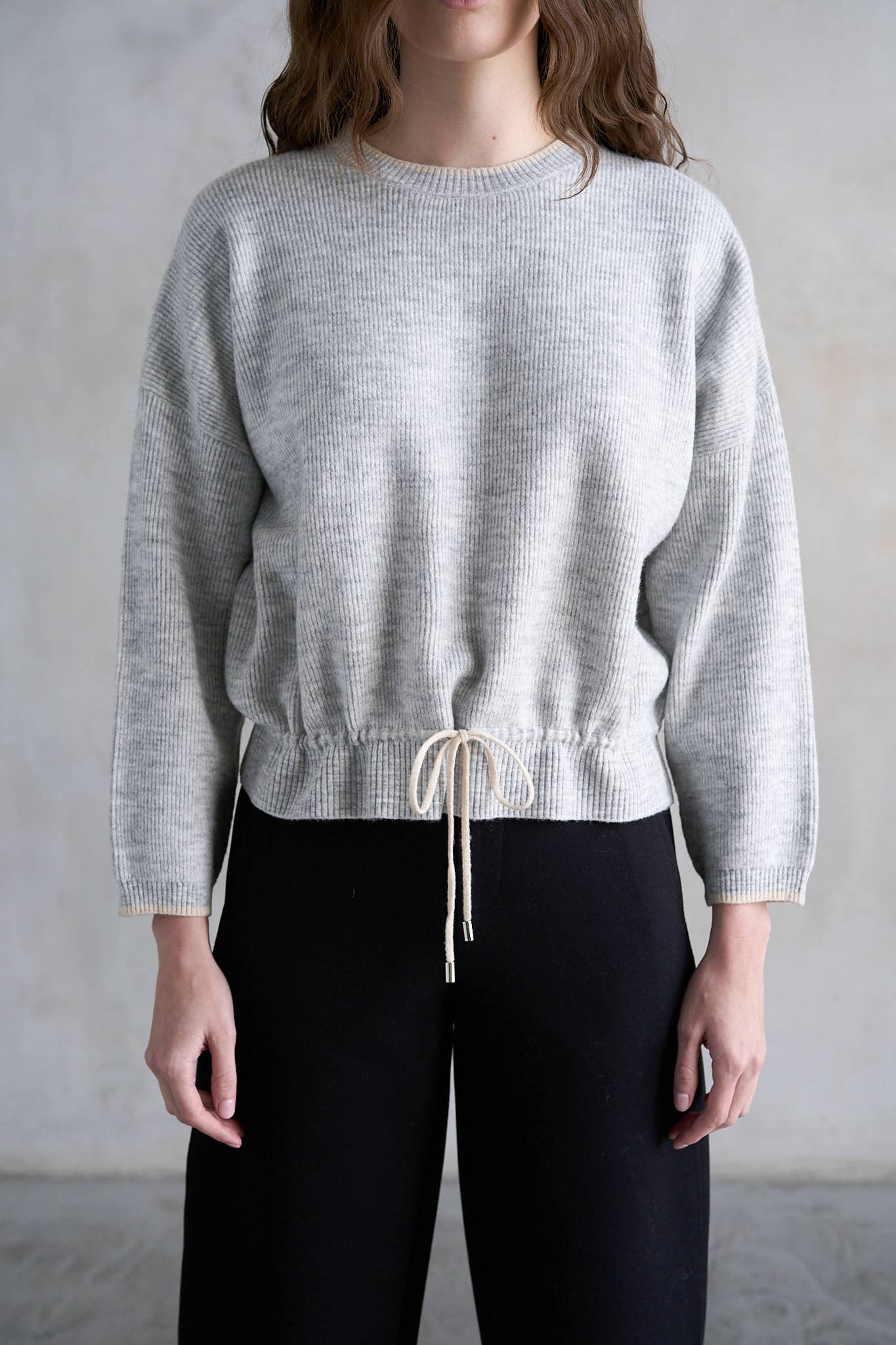 Ribbed Knit Sweater with Drawstring Hem