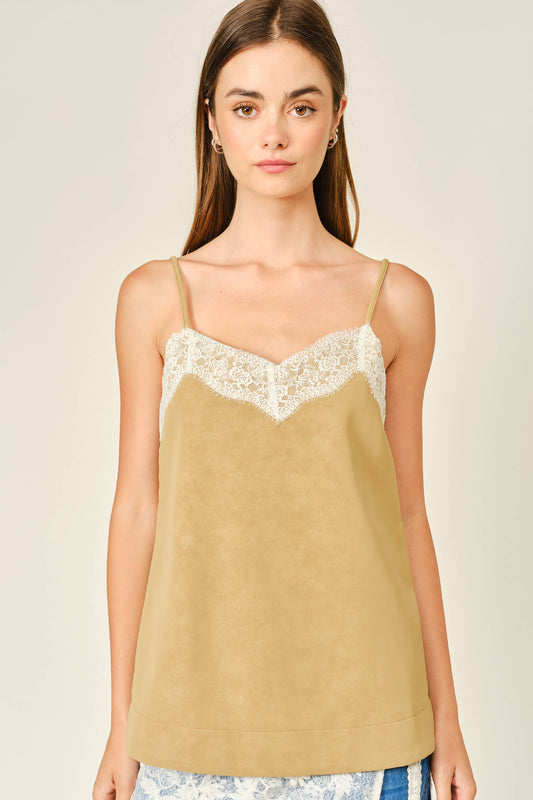 VEGAN LEATHER LACE CAMI TOP