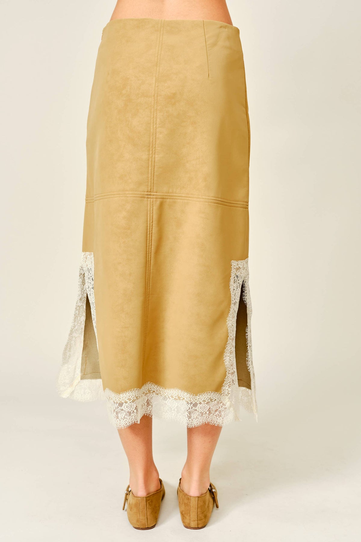 VEGAN LEATHER LACE HEM MIDI SKIRT