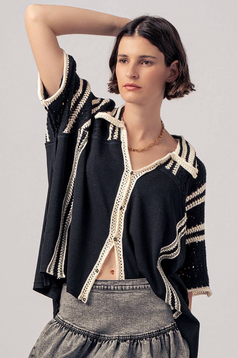 Crochet Lace Button-Down Shirt with Contrast Trim Detail