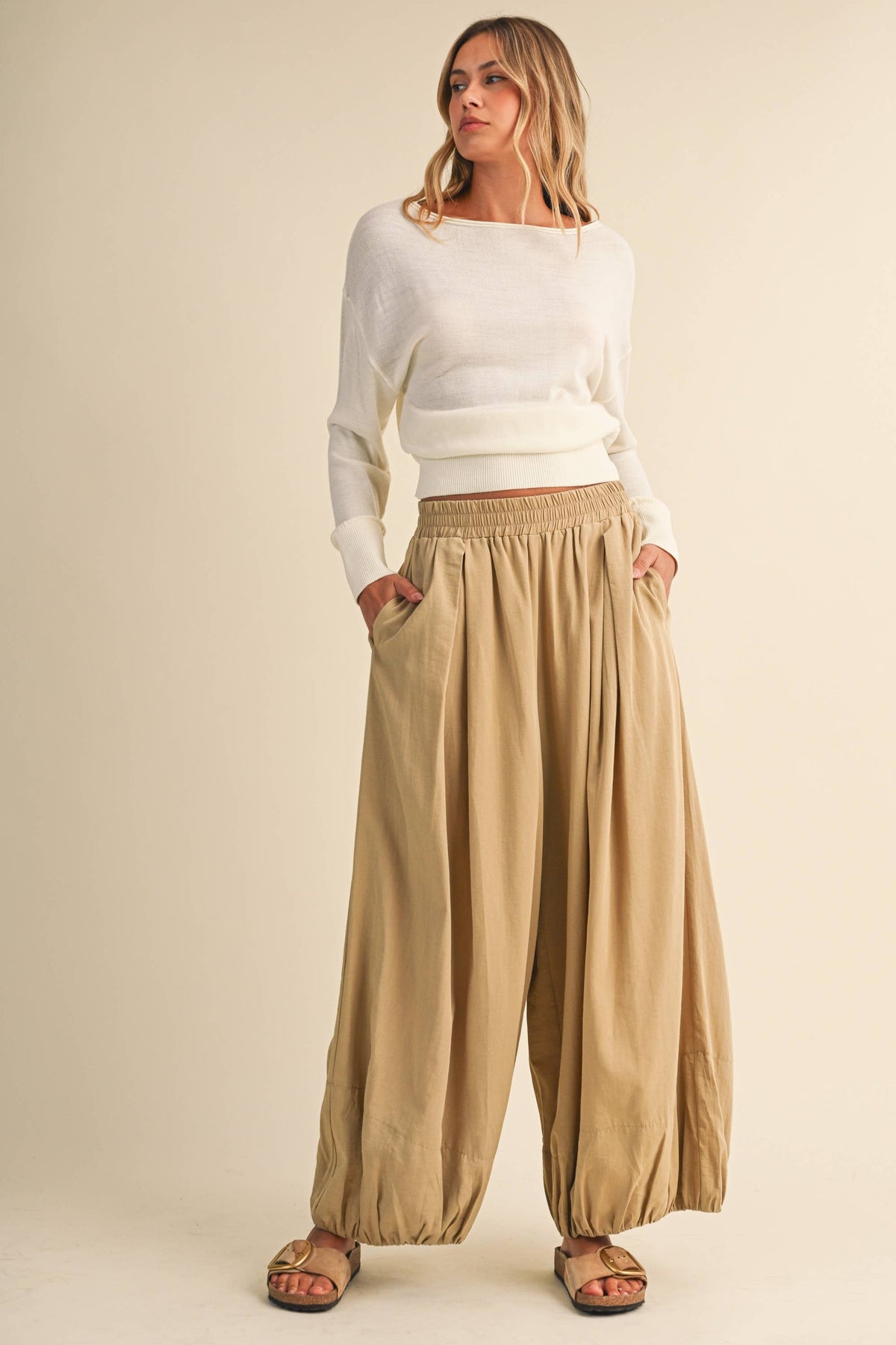 BALLOON FIT ELASTIC WAIST RELAXED FIT PANTS
