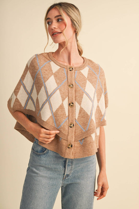 Argyle Button Down Cape Cardigan