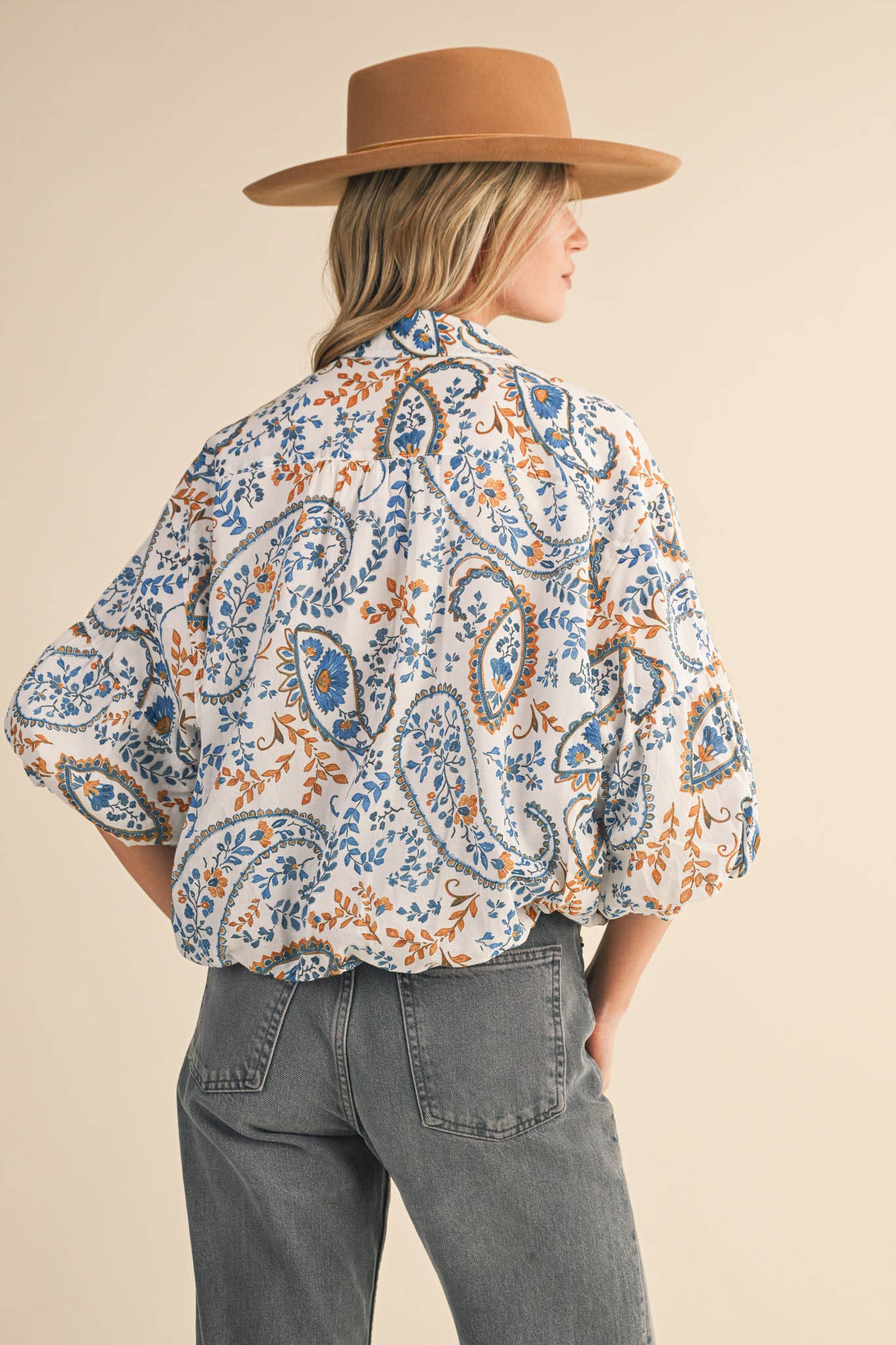 PAISLEY PRINT BUTTON DOWN BUBBLE SLEEVE TOP