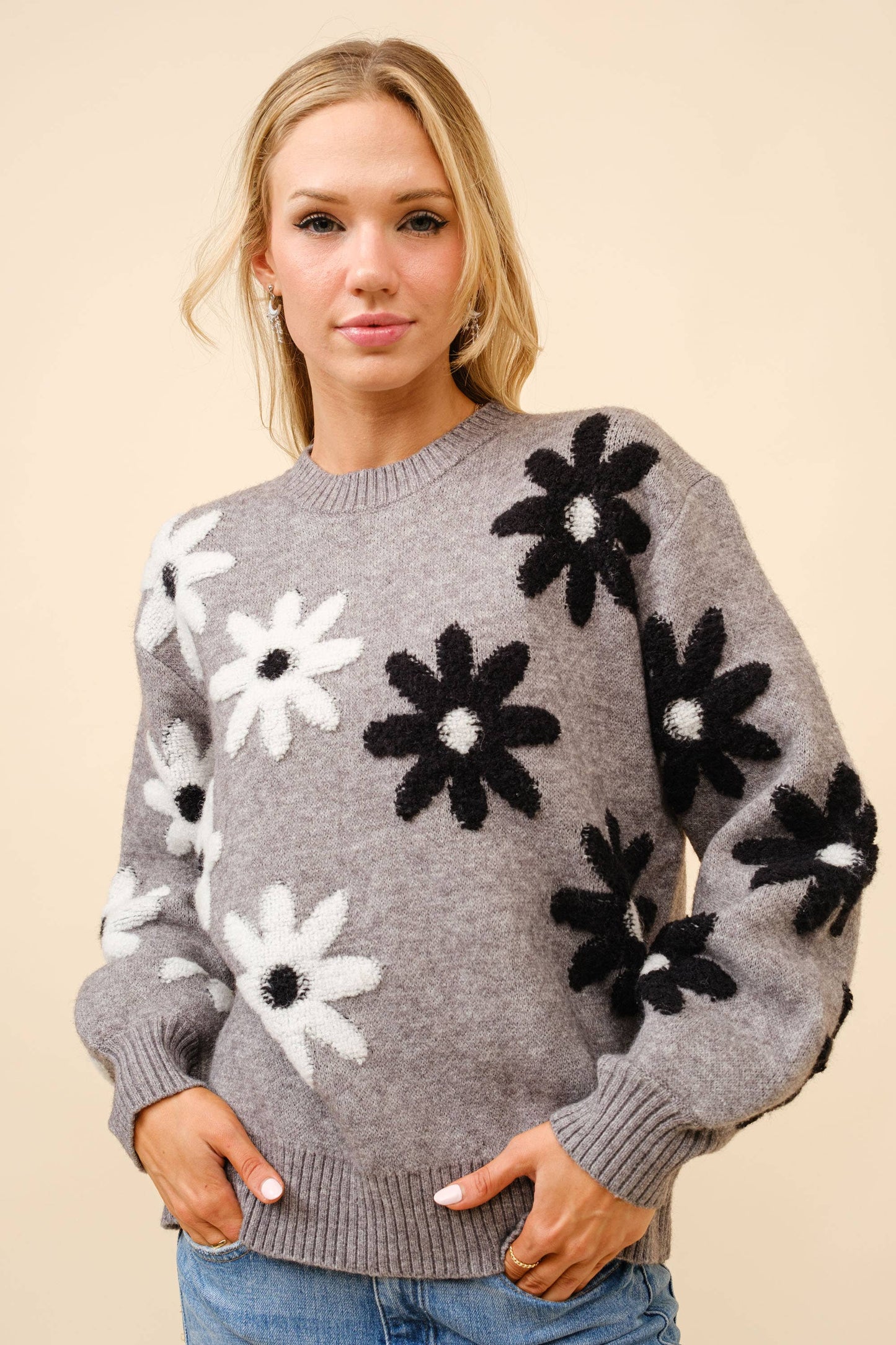 Daisy Flower Pattern Crew Neck Sweater