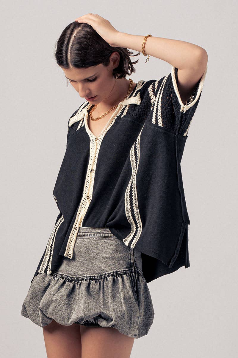 Crochet Lace Button-Down Shirt with Contrast Trim Detail