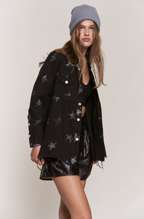 Star Print Waist Shirring Jean Jacket