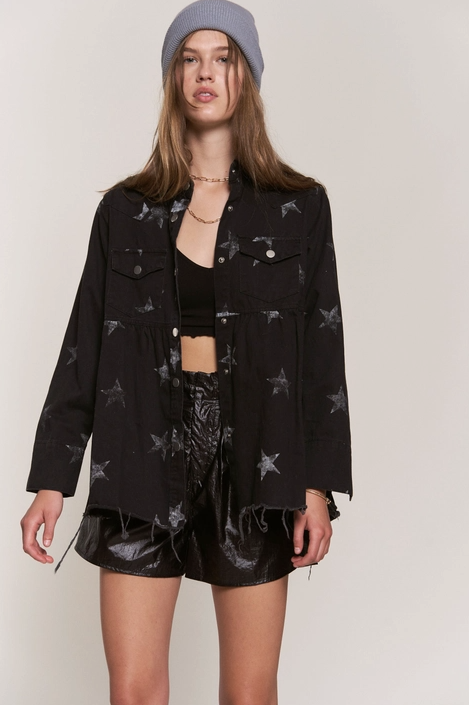 Star Print Waist Shirring Jean Jacket