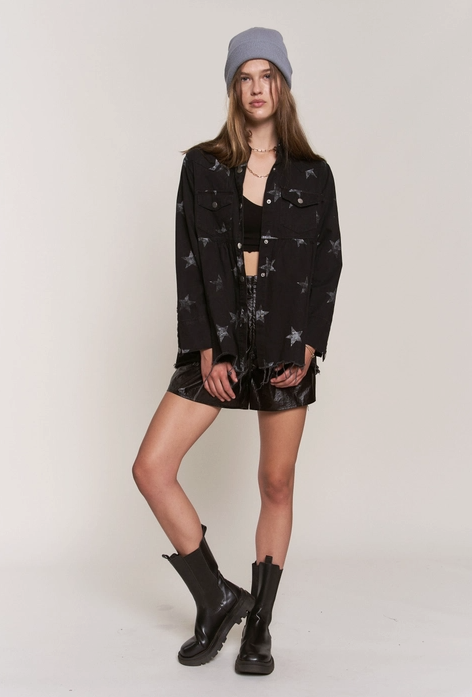 Star Print Waist Shirring Jean Jacket