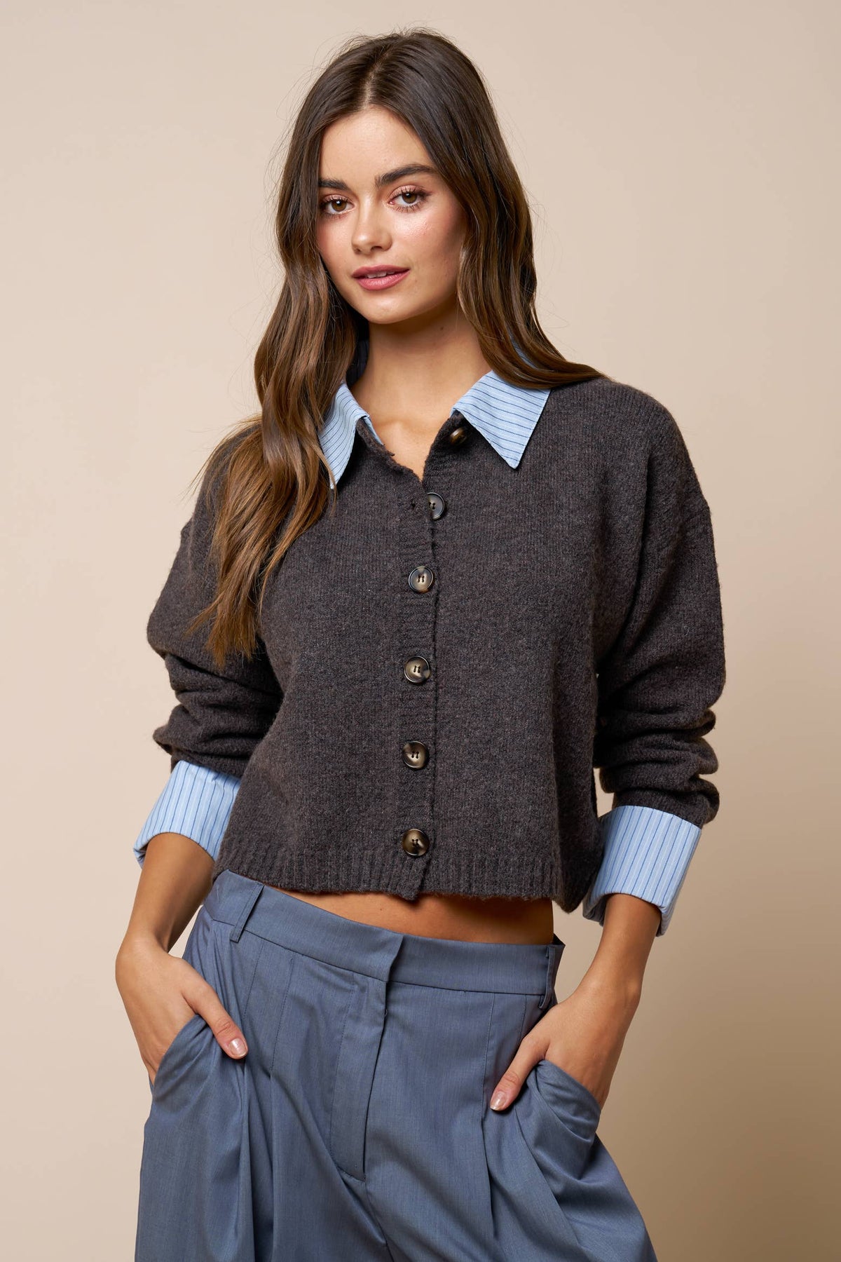 Stripe Trim Mixed Media Button Down Sweater Cardigan