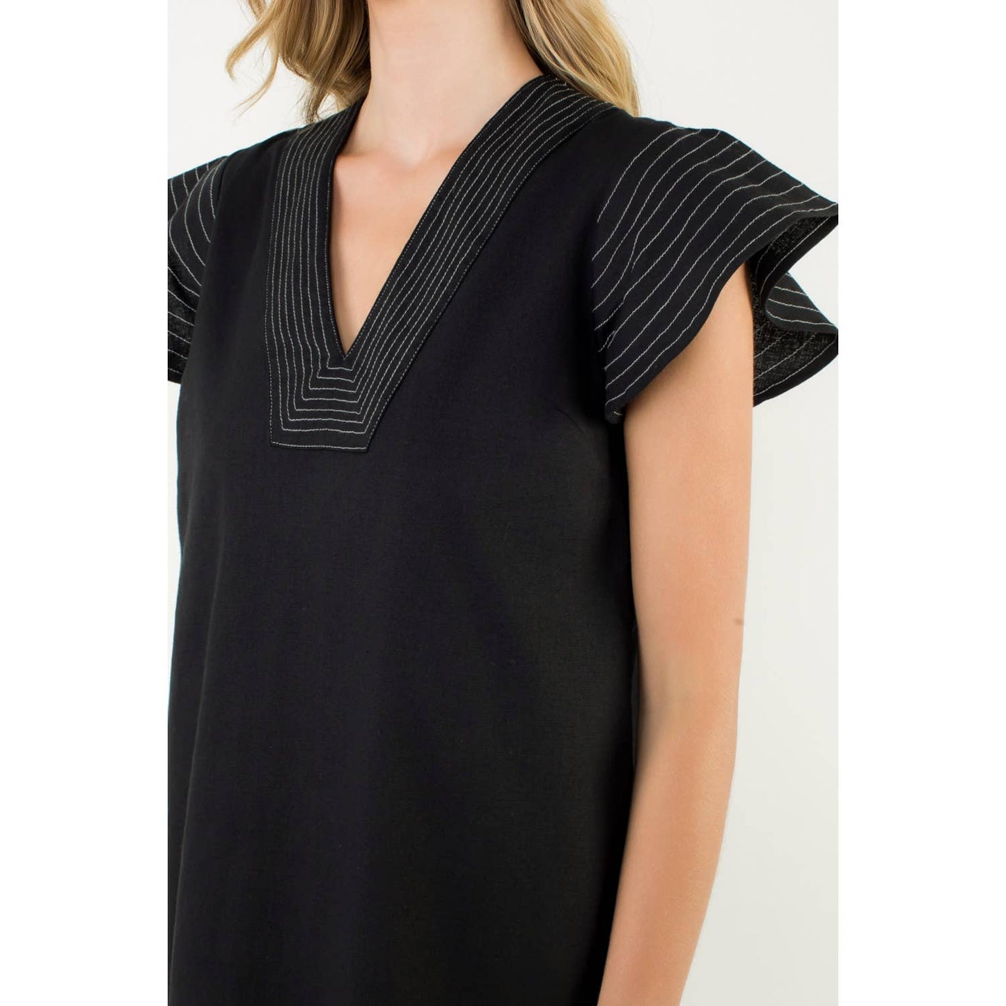 Striped Flutter Sleeve V-Neck Dress