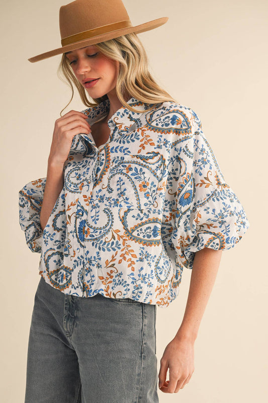 PAISLEY PRINT BUTTON DOWN BUBBLE SLEEVE TOP