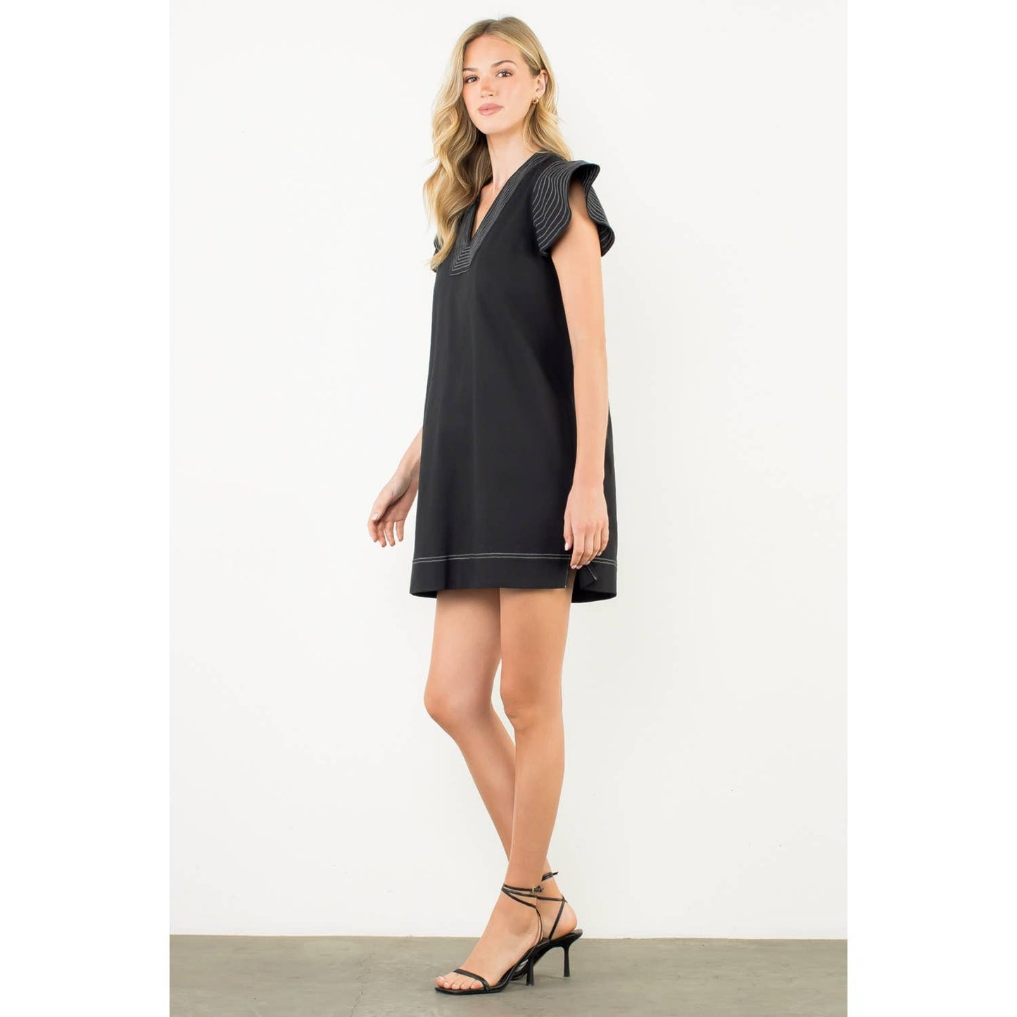 Striped Flutter Sleeve V-Neck Dress