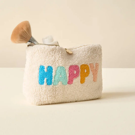 Sherpa Zippered Teddy Pouch - Happy
