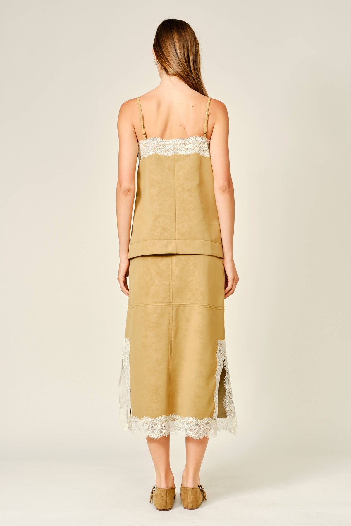 VEGAN LEATHER LACE HEM MIDI SKIRT