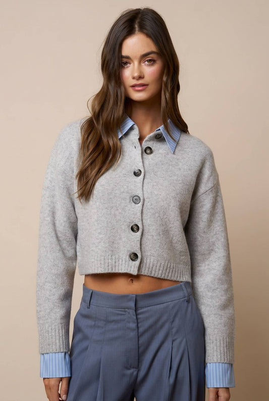 Stripe Trim Button Down Sweater Cardigan in light grey