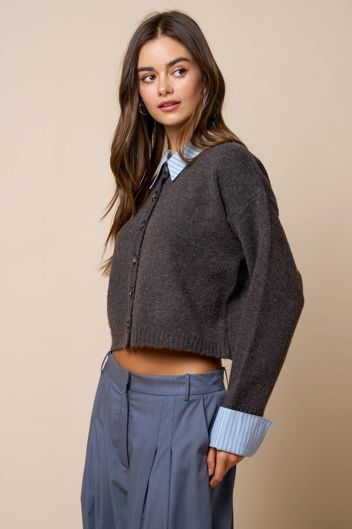 Stripe Trim Mixed Media Button Down Sweater Cardigan