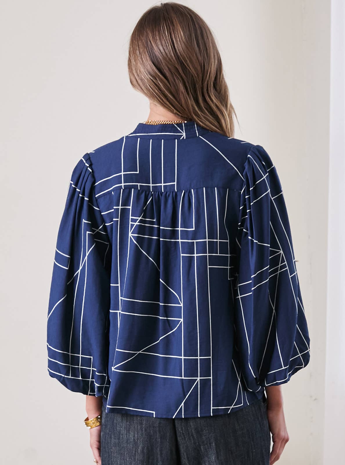 Geometric Printed Puff-sleeve Blouse