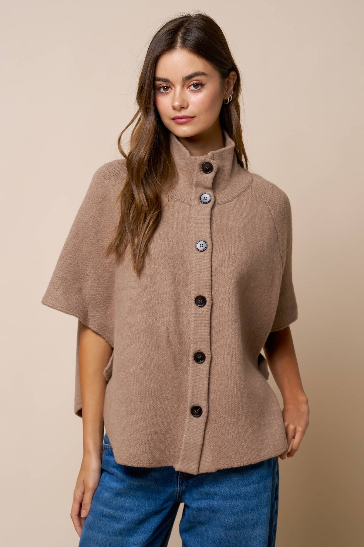 Mock Neck Button Down Knit Poncho