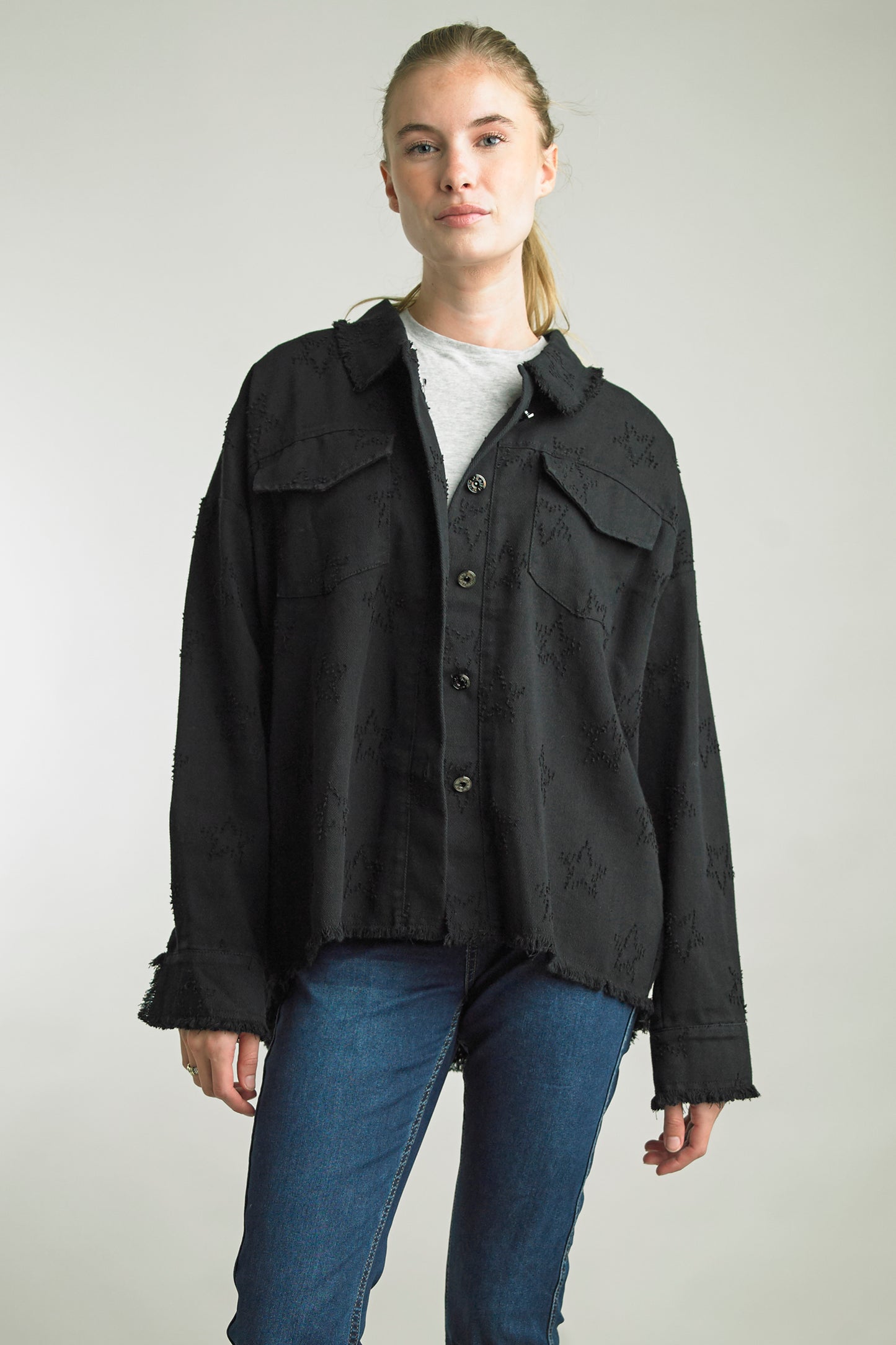 Fringe and Stars Black Denim Shirt Style Jacket